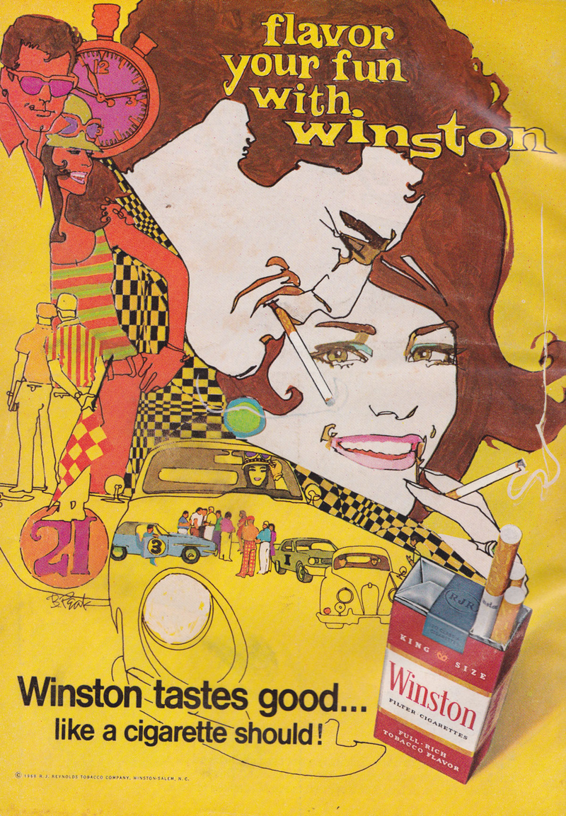 Illustration for article titled Let's Identify The Cars In This Groovy '60s Illustrated Cigarette Ad